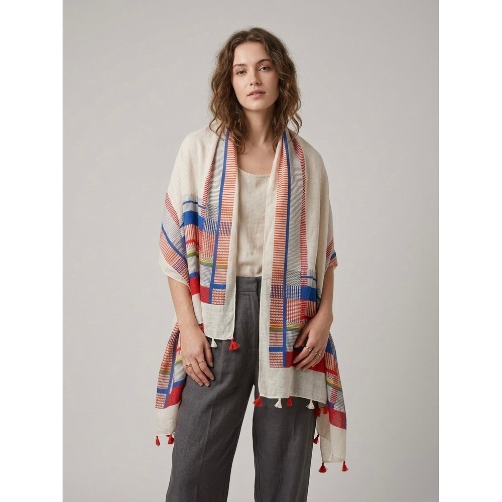 BoHoJJ Cream Red Blue Geometric Grid Tassel Wrap Lightweight  Scarf
